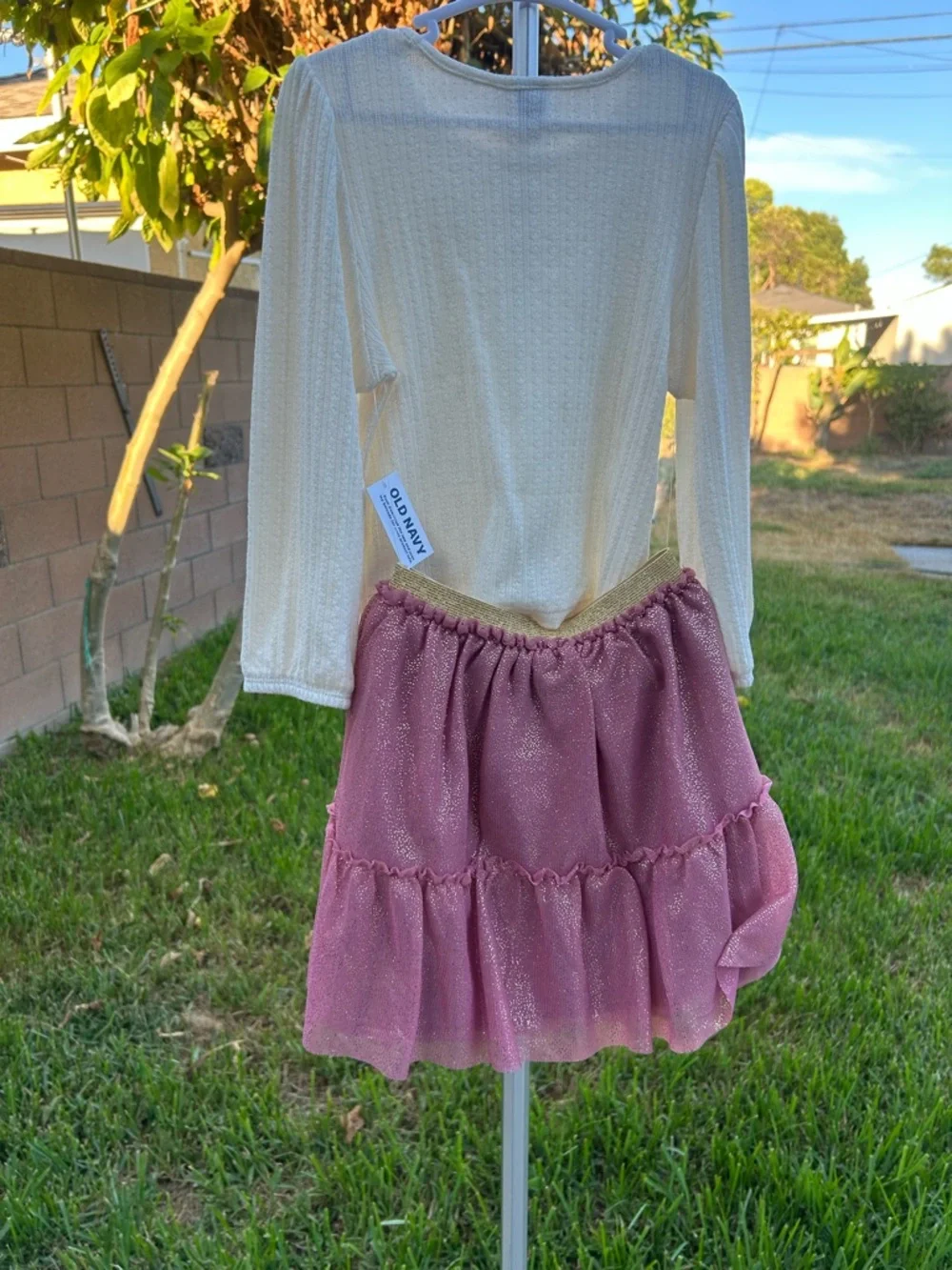 Old Navy Cream Long Sleeve Top with Dusty Rose Sparkle Tulle Skirt